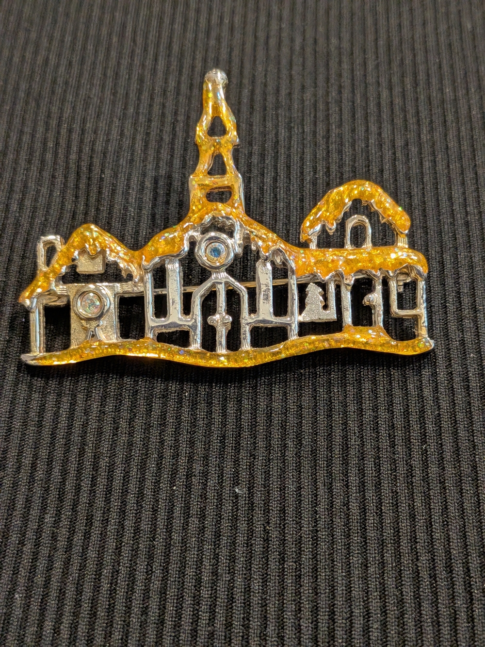 #1:  Gold and Silver Holiday Village Brooch Vintage 1980s